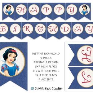 May include: Printable banner with blue and white flags featuring the words "Happy Birthday" in red cursive lettering. The flags also feature a red apple and a cartoon image of Snow White. The banner is designed for a Snow White themed party.