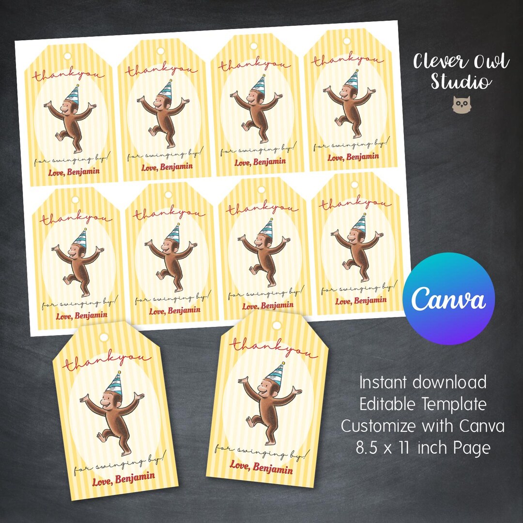 Thanks George Curious George Thank You Tags, Birthday Party Favors, Editable Template ...