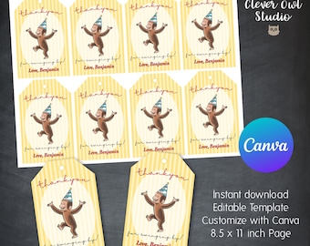 Curious George Thank You Tags, Birthday Party Favors, Editable Template (Digital Download)