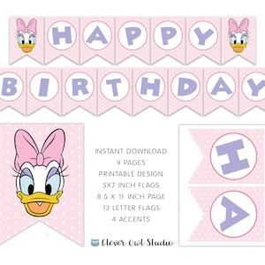 Striscione di compleanno di Daisy Duck, striscione di Daisy Duck, festa di compleanno di Daisy Duck, stampabili di Daisy Duck, bandierine, digitale, download immediato
