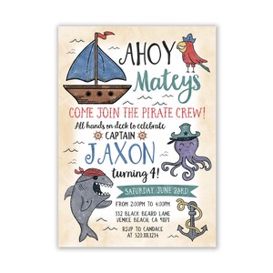 Invitación de cumpleaños pirata, invitación de fiesta pirata, fiesta pirata, tiburón, pulpo, invitaciones de barco pirata, Ahoy Matey, descarga digital, invitación