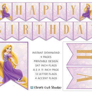 Tangled Birthday Banner, Princess Rapunzel Banner, Tangled Party, Princess Printable, Purple Princess Banner, Digital, Instant Download, DIY