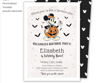 May include: A personalized Halloween birthday party invitation featuring Mickey Mouse dressed as a pumpkin. The invitation includes the text "Halloween Birthday Party! Elizabeth is turning three!" and event details.