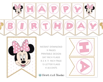Banner de cumpleaños rosa de Minnie Mouse, banderines imprimibles (descarga digital)
