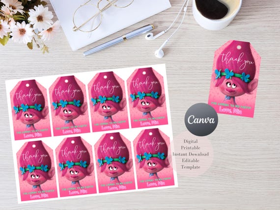 Trolls Thank You Tags, Poppy Party Printables, editable template (Digital)