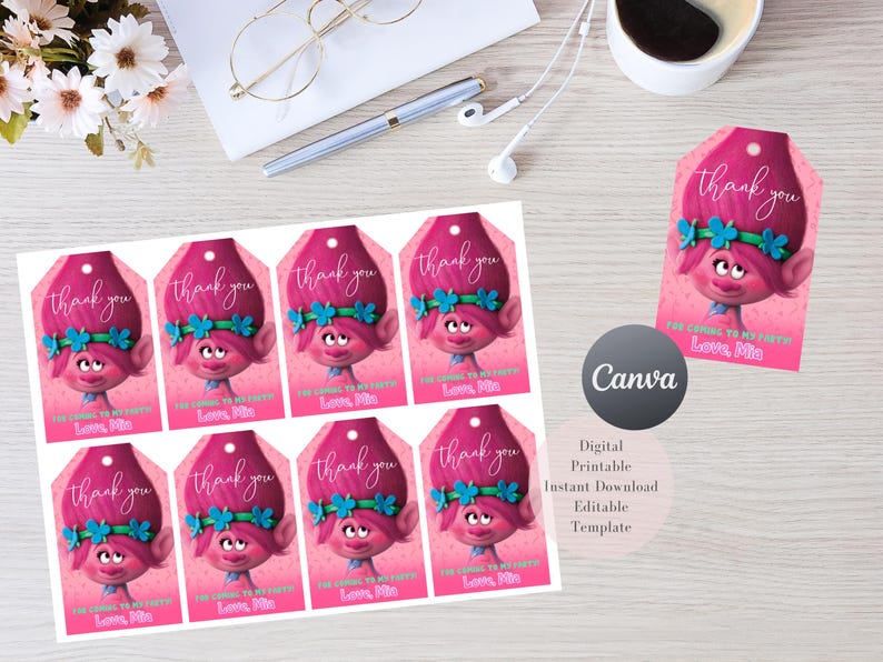 May include: A sheet of pink gift tags featuring a cartoon character with pink skin, blue hair, and a blue headband. The tags say "thank you" and "Love, Mia". The Canva logo and text are also visible.