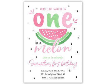Watermelon First Birthday Invitation, One in a Melon, Printable (Digital)