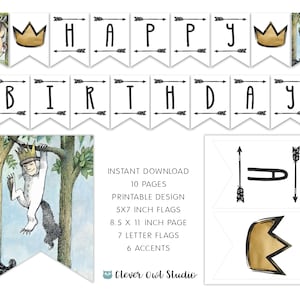 Where the Wild Things Are Birthday Banner, Wild One Banner, Wild One Party, Wild Things Printable, Crown Banner, Digital, Instant Download
