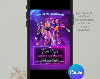 Kpop Girls Birthday Invitation, Video Invitation, Huntrix Party (Digital, Printable)