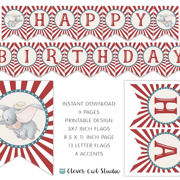 Dumbo Birthday Banner, Circus Dumbo Banner, Circus Dumbo Party, Dumbo Printables, Elephant Circus Banner, Digital, Instant Download, DIY