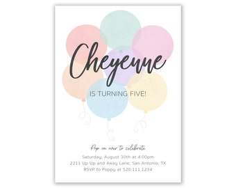 Balloons Birthday Invitation, Balloons Invites, Balloons Party Invitation, Balloons Minimalist Invite, Pastels, DIY, Digital Printable