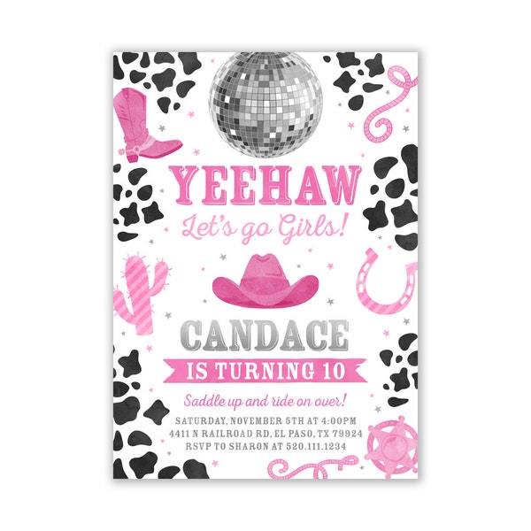 Space Cowgirl Invitation, Cowgirl Birthday Invitation, Pink Disco Cowgirl Party, Nashville, Rodeo, Pink Cowgirl Invites, Digital, ANY AGE