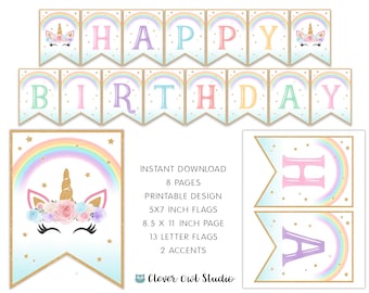 Banner de cumpleaños de unicornio, decoraciones de fiesta arcoíris (descarga digital)