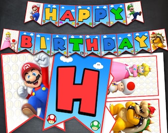 Super Mario födelsedagsbanderoll, utskrivbara festmaterial (digital nedladdning)