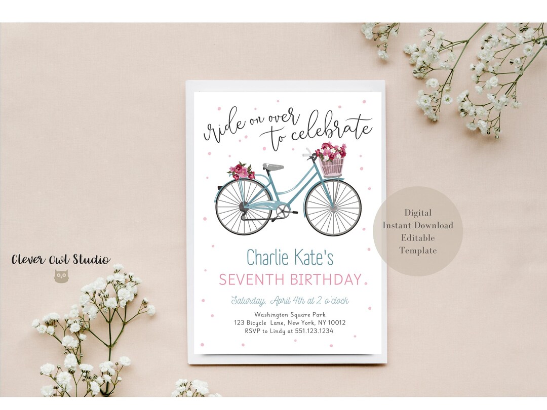 Bicycle Birthday Invitation, Ride on Over, Girl 7th Birthday, Editable ...