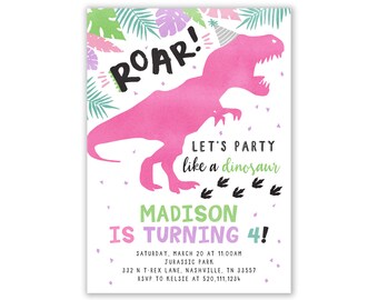 Invitación de cumpleaños de dinosaurio rosa, invitaciones para fiesta de T-Rex (descarga digital)