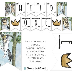 Where the Wild Things Are Banner, Wild One Banner, Wild One Party, Wild Things Printable, Crown Banner, Flags, Digital, Instant Download