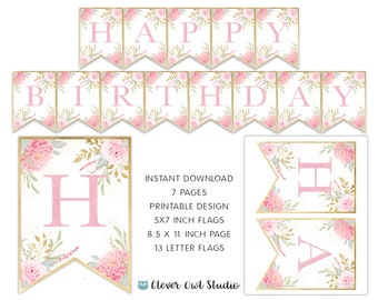 Rosa Blumen Geburtstag Girlande, Gold Glitter (Digitaler Download)