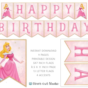 Dornröschen Geburtstagsbanner, Prinzessin Aurora Banner, Dornröschen Geburtstagsparty, Printables, rosa Wimpelkette, Digital, Instant Download