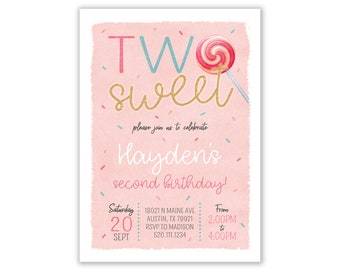 Two Sweet Invitation, Sweet One Invitation, Two Sweet Birthday, Two Sweet Party, Lollipop Invitation, Digital Download, Candyland Invitation