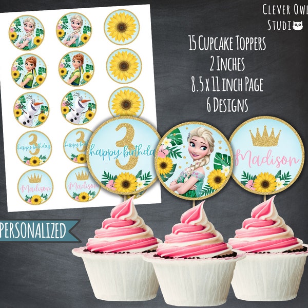 Frozen Fever Cupcake Toppers, Frozen Circle Tags, Frozen Party, Elsa & Anna Tags, Frozen Cupcakes, Printables, Flowers, Gold, Digital, DIY