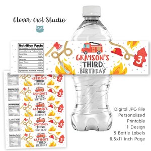 Fire Truck Bottle Labels, Fire Truck Party, Fire Truck Bottle Wrappers, Fire Truck Favors, Firefighter labels, Personalized, Printables