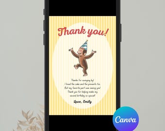Curious George Thank You Card, Editable Template (Digital Download)