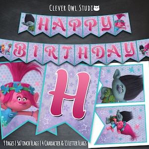 Trolls Banner, Trolls Birthday Banner, Trolls Party, Trolls Printables, Poppy and Branch, Trolls Characters, Digital, DIY