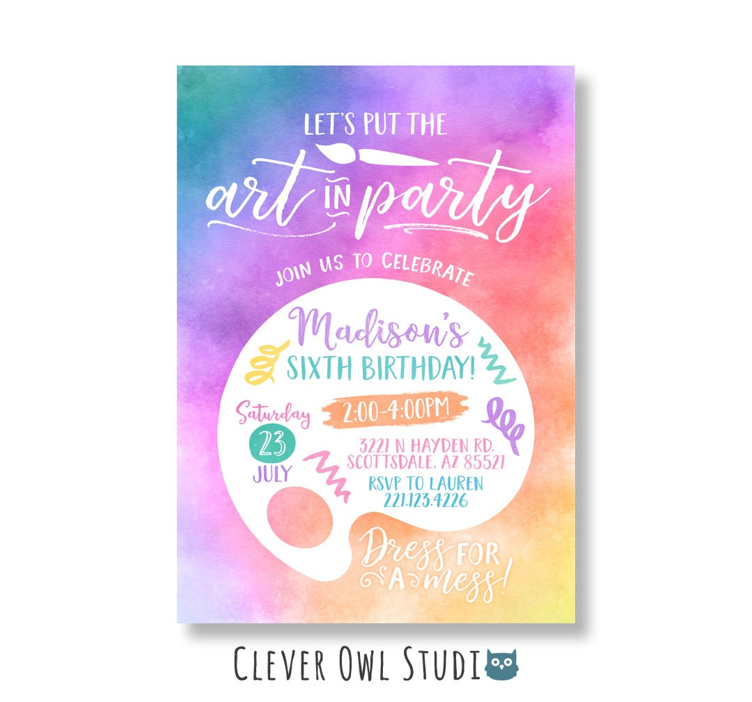 Art Birthday Party Invitation, Watercolor Palette (digital Printable ...
