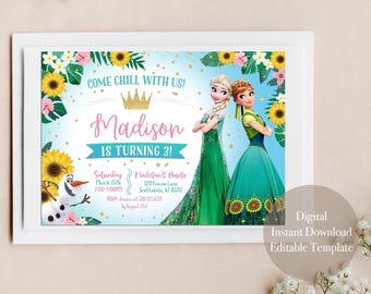 Frozen Birthday Invitation, Elsa and Anna, Editable Canva Template (Digital Download)