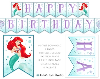 Arielle, Meerjungfrau Geburtstagsgirlande, Party Dekoration (Digitaler Download)