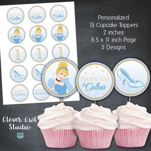 Cinderella Cupcake Toppers, Cinderella Circle Tags, Princess Cinderella, Cinderella Cupcakes, Printables, Cinderella, Digital, Personalized