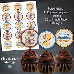 Curious George Cupcake Toppers, Curious George Tags, Curious George Party, Curious George Favors, Printables, Personalized, Digital, DIY