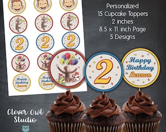 Personalized Curious George Cupcake Toppers, Birthday Party (Digital)