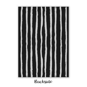 May include: Black and white striped background with a rough, hand-painted texture. The stripes are vertical and uneven in width.