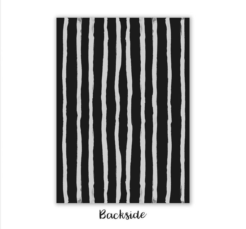 May include: Black and white striped background with a rough, hand-painted texture. The stripes are vertical and uneven in width.