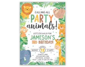 Jungle Birthday Invitation, Wild One Invitation, Safari Birthday Party, First Birthday, Jungle Animals, Zoo Invites, Digital Printable