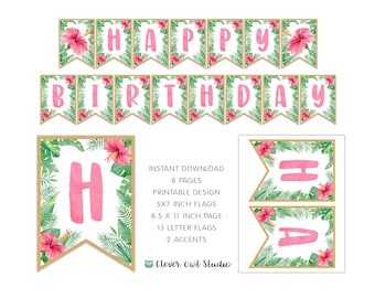 Tropical Flower Birthday Banner, Luau Party Decor (Digital Download)