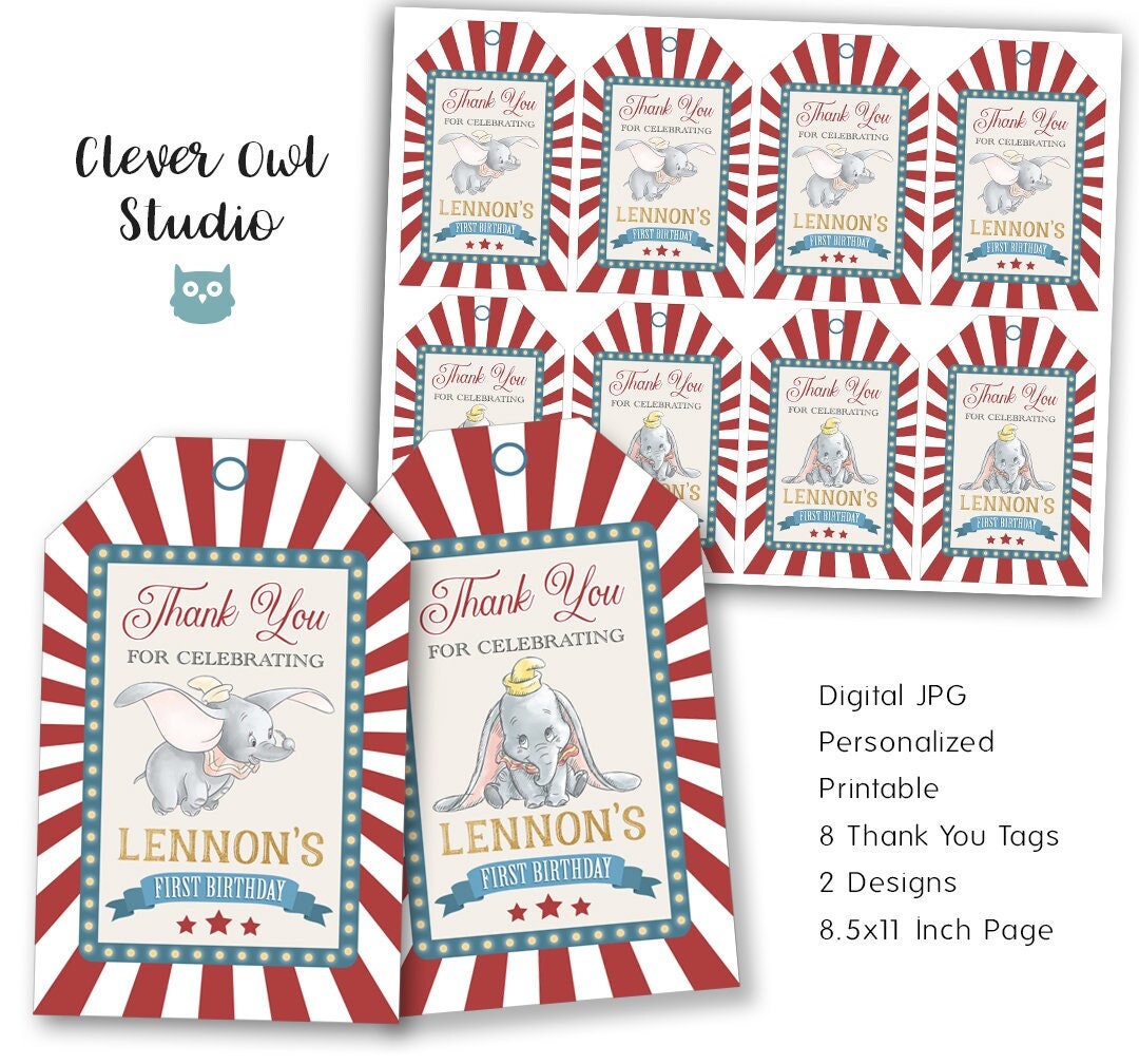 Dumbo Thank You Tags, Dumbo Favors Tags, Dumbo Party, Dumbo Birthday ...