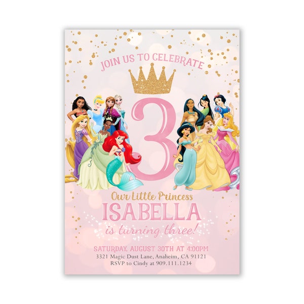 Faire-part d'anniversaire de princesse, invitation de princesses, fête de princesse, princesse Disney, célébration royale, produits à imprimer, personnalisés, tout âge