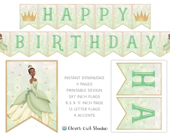 Banner de cumpleaños de la Princesa Tiana, decoración verde para fiesta (descarga instantánea)