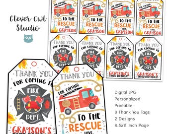May include: Eight printable thank you tags for a birthday party with a fire truck theme. The tags feature a red fire truck with yellow flames, a fire hydrant, and the text "To the Rescue, Love, Grayson".