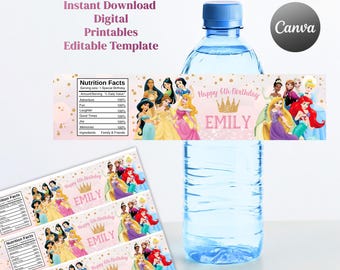 May include: A clear plastic water bottle with a pink and gold themed label featuring various animated princesses, a crown icon, and the text Happy 6th Birthday EMILY. A nutrition facts panel lists ingredients as Family & Friends.