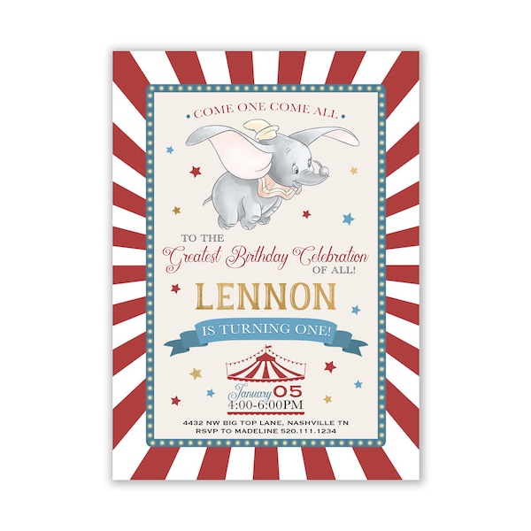 Dumbo Birthday Invitation, Dumbo First Birthday Invitation, Dumbo Party Invitation, Cute Elephant Invitation, 1st Birthday, Circus, ANY AGE