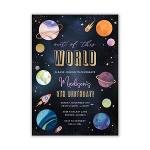 Space Birthday Invitation, Out Of This World Birthday, Blue Gold Galaxy Planets, Outer Space Party, Astronaut Invites, Digital, ANY AGE