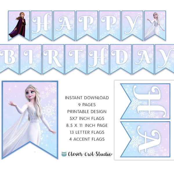 Frozen Birthday Banner, Elsa and Anna Banner, Frozen Party, Frozen Banner Printable, Snowflake Blue Banner, Digital, Instant Download, DIY