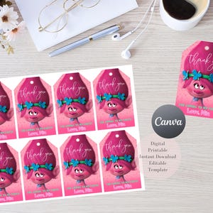 May include: A sheet of pink gift tags featuring a cartoon character with pink skin, blue hair, and a blue headband. The tags say "thank you" and "Love, Mia". The Canva logo and text are also visible.