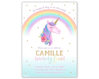 Invitación de cumpleaños de unicornio, fiesta arcoíris (digital)