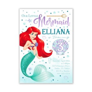 Little Mermaid Invitations, Princess Ariel Invitation, Little Mermaid Birthday Party, Princess, Invites, Printables, Personalized, Digital
