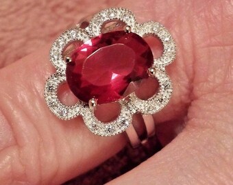 Vintage Gatsby Oval Cut Ruby & White Topaz Art Deco Gemstone Sterling Silver Ring. 4 ct. Size - 8